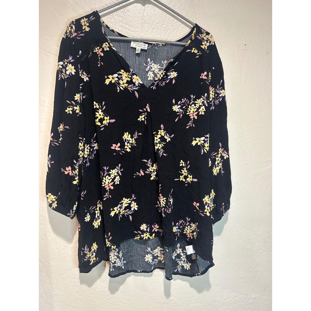 Studio‎ B by Bobeau Womens 3X Black Floral V-Neck 3/4 Sleeve Rayon Blouse Top